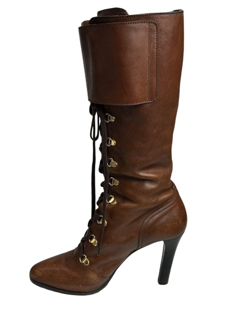 Ralph Lauren Collection 8B Brown Leather Lace Up Knee High Boots Buckle Heels - Picture 5 of 16